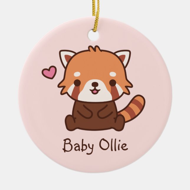 Cute Little Red Panda Doodle Kids Personalised Ceramic Ornament (Front)