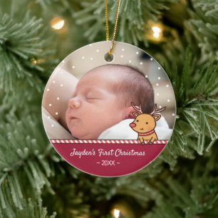 Cute Little Reindeer Baby's First Christmas Photo Ceramic Ornament
