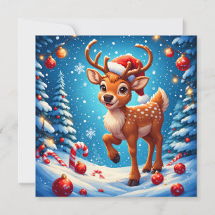 Cute Little Reindeer Christmas Santa Hat Winter Card