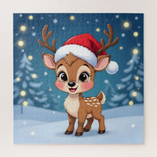 Cute little reindeer with Christmas hat Jigsaw Puzzle