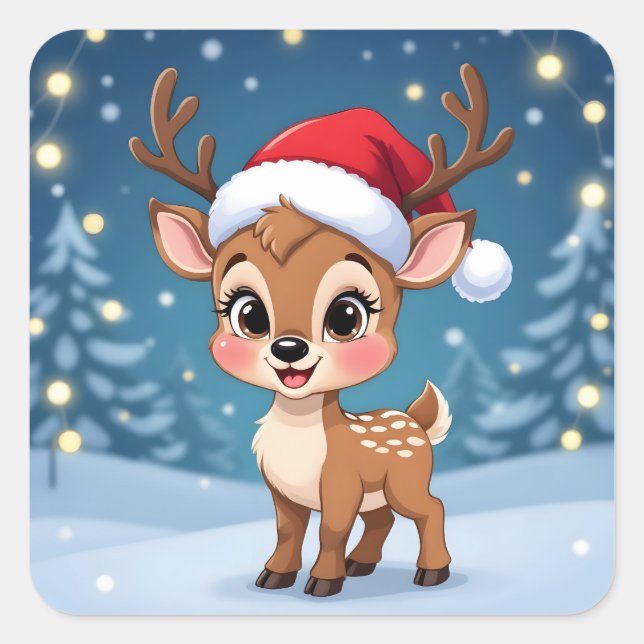 Cute little reindeer with Christmas hat Square Sticker (Front)