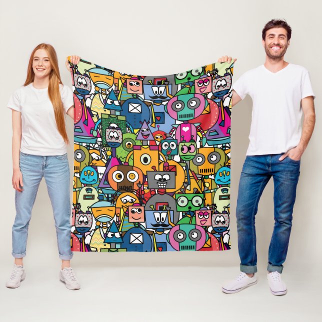 Cute little robots pattern fleece blanket (In Situ)