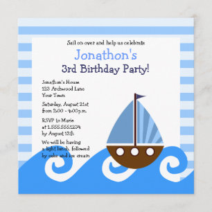 Cute Little Sailboat Blue Birthday Invite 5.25"