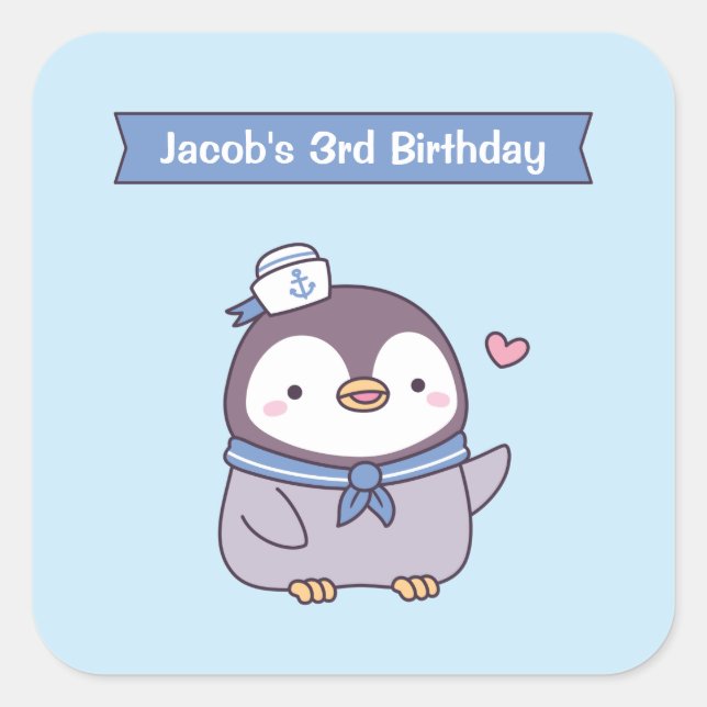 Cute Little Sailor Penguin Doodle Kids Birthday Square Sticker (Front)