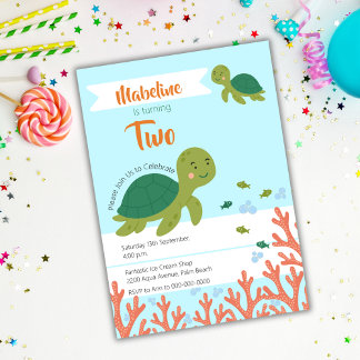 Cute Little Sea Turtle & Birthday Party Invitation