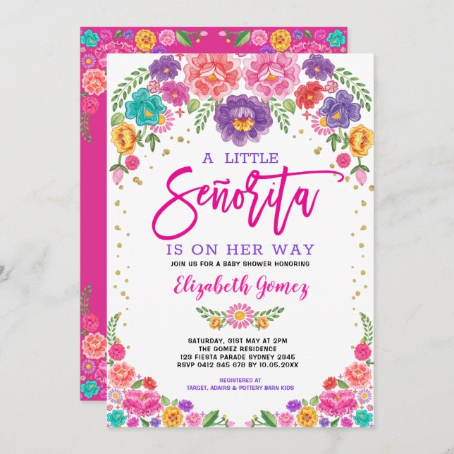 Cute Little Senorita Fiesta Flowers Baby Shower Invitation (Front/Back)