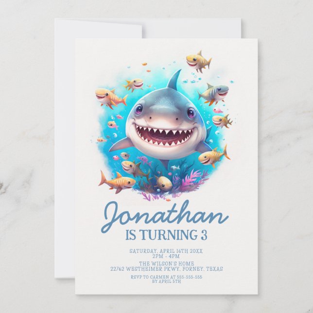 Cute Little Shark Modern Kids Birthday Party Invitation (Front)
