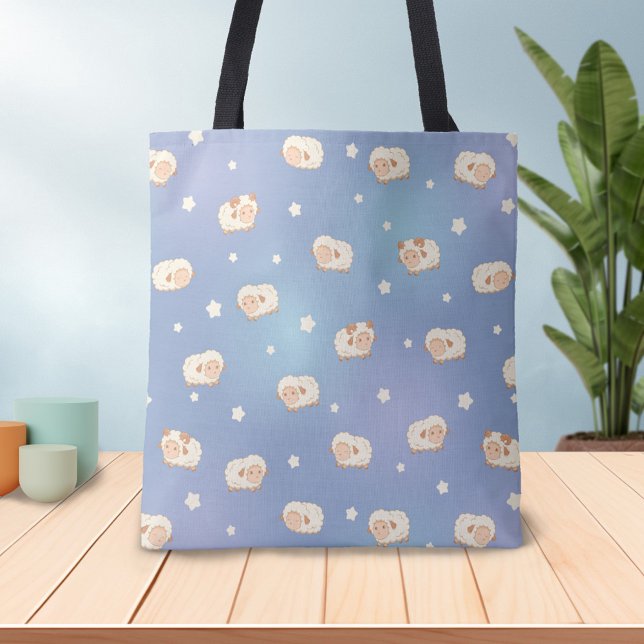Cute Little Sheep Pattern on Blue Tote Bag (Creator Uploaded)
