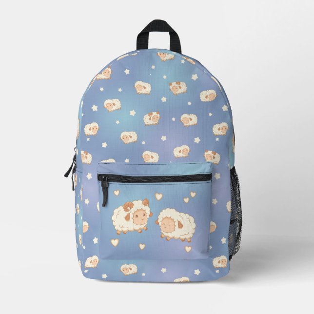 Cute Little Sheep Ram Ewe on Blue Printed Backpack (Front)