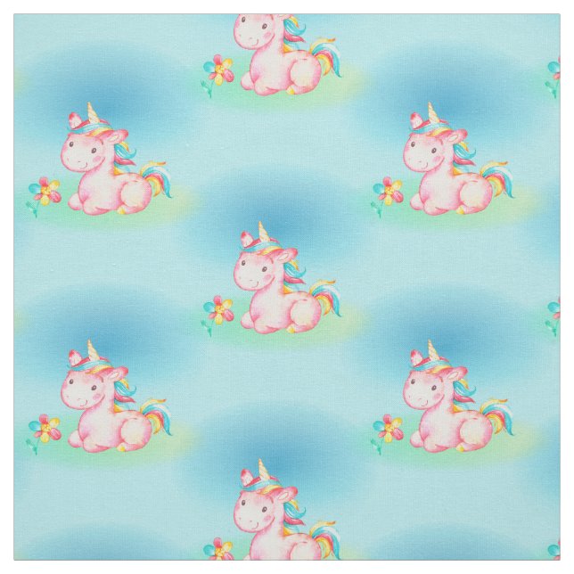 Cute Little Sitting Pink Unicorn Fabric (Swatch)