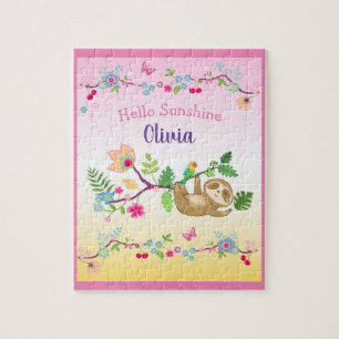 cute little sloth on pink and yellow background jigsaw puzzle