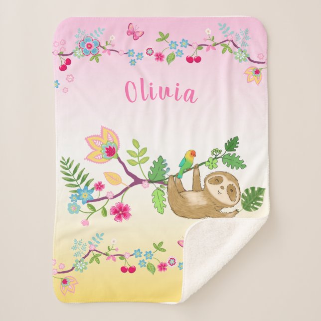 Cute little sloth on pink and yellow background sherpa blanket (Front)