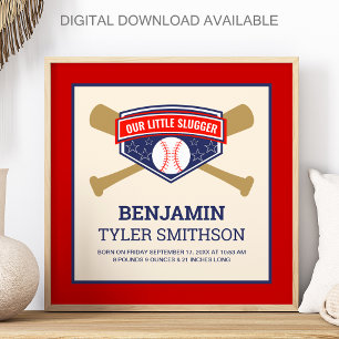 Cute Little Slugger Baseball Baby Birth Stats Poster