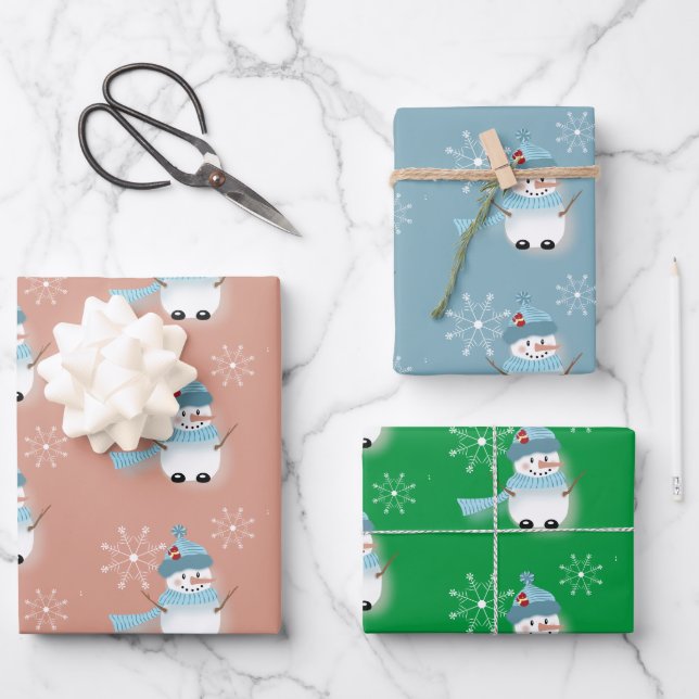 Cute Little Snowman Pattern Wrapping Paper Sheets  (Front)