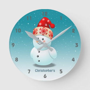 Cute Little Snowman With Christmas Hat Round Clock