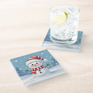 Cute little snowman with scarf & hat glass coaster