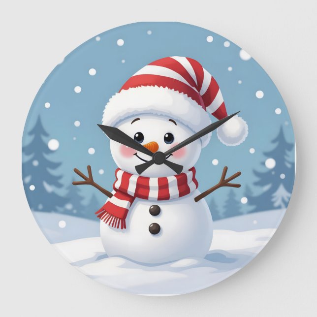 Cute little snowman with scarf & hat large clock (Front)