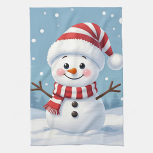 Cute little snowman with scarf & hat tea towel