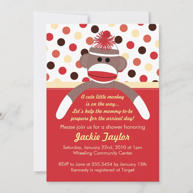 Cute Little Sock Monkey Baby Shower Invitation (Front)