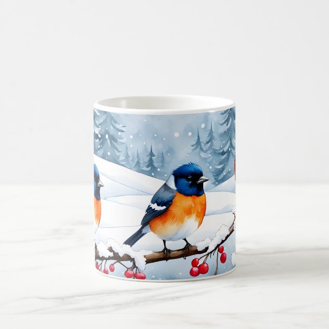 Cute Little Songbirds in a Snowy Landscape Coffee Mug (Center)