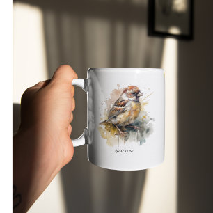 cute little sparrow in watercolor, customisable Two-Tone coffee mug