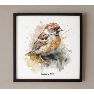cute little sparrow in watercolor poster