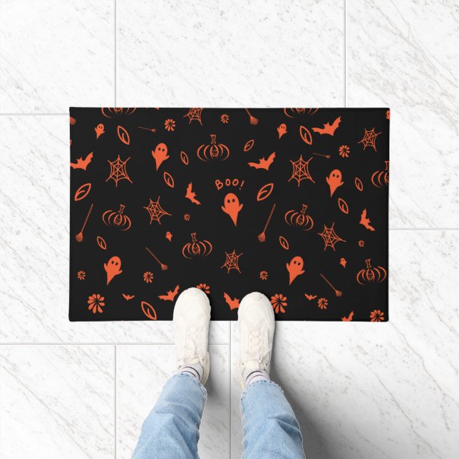 Cute Little Spooky Ghost Black Orange Halloween Doormat (Indoor)