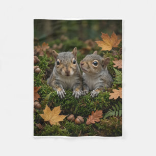 Cute Little Squirrels Among Autumn Leaves Fleece B Blanket