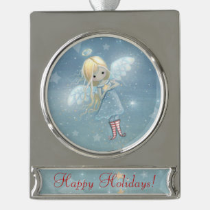 Cute Little Star Angel Whimsical Fantasy Art Silver Plated Banner Ornament