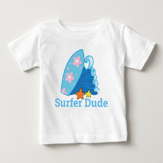 Cute Little Surfer Dude Surfboard and Wave Baby T-Shirt (Front)