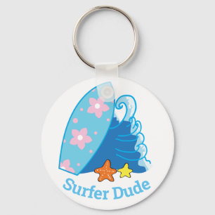 Cute Little Surfer Dude Surfboard and Wave Key Ring