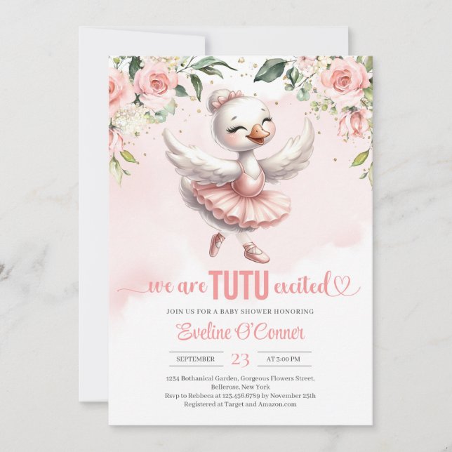 Cute little swan with tutu dress gold sparkles invitation (Front)