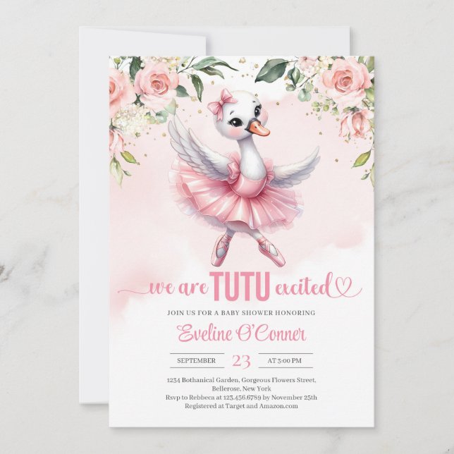 Cute little swan with tutu dress gold sparkles invitation (Front)