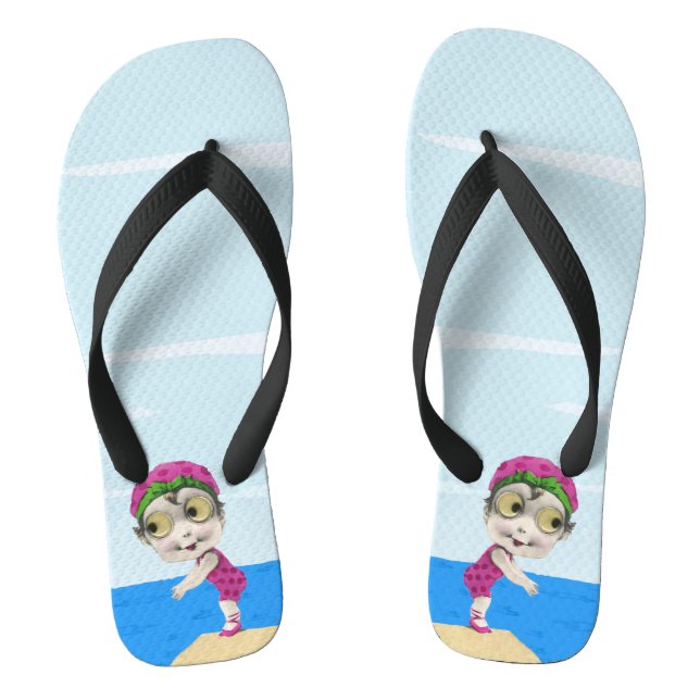 Cute Little Swimmer Girl Googly Eyes Pink Thongs (Footbed)