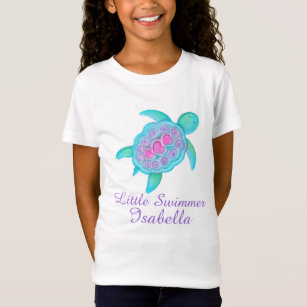 Cute little swimmer girls pink aqua turtle t-shirt