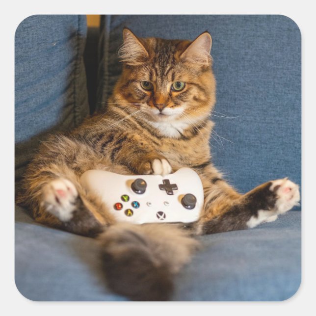Cute Little Tabby Cat Gamer Kitty Square Sticker (Front)