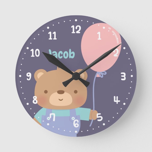 Cute Little Teddy Bear With Balloon, Baby Nursery Round Clock (Front)