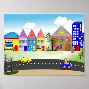 Cute Little Town Colourful Nursery Poster Print