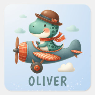 Cute Little Trex Dinosaur Flying Aeroplane Square Sticker
