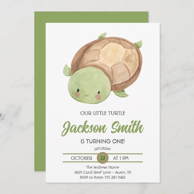 Cute Little Turtle Watercolor Birthday Party Invit Invitation (Front/Back)