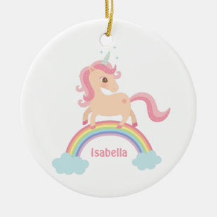 Cute Little Unicorn on Rainbow Girls Name Ornament