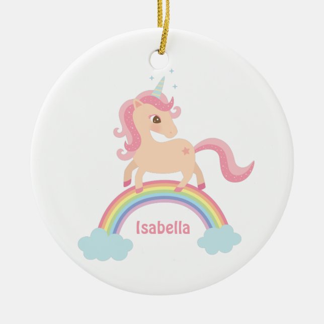 Cute Little Unicorn on Rainbow Girls Name Ornament (Front)