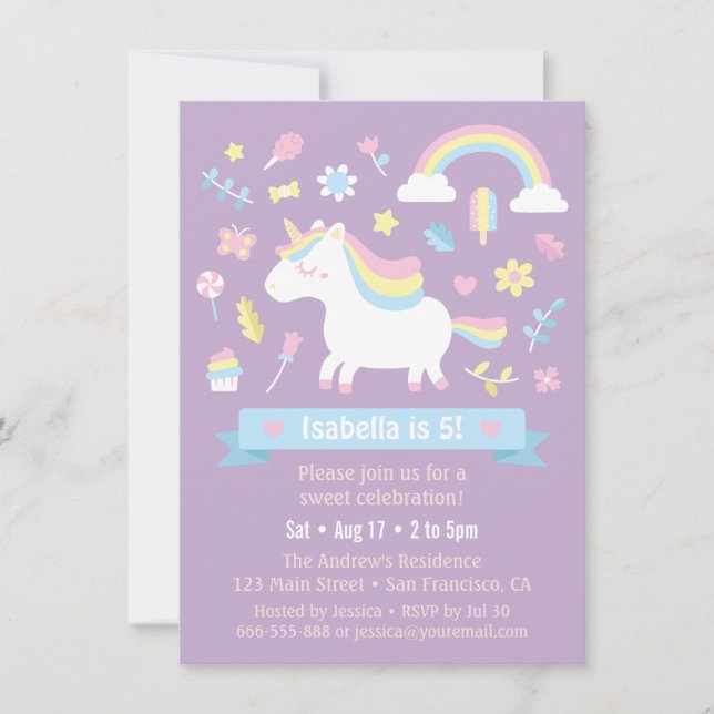 Cute Little Unicorn Rainbow Girls Birthday Party Invitation (Front)