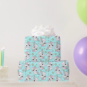 cute little unicorn stars cyan background wrapping paper