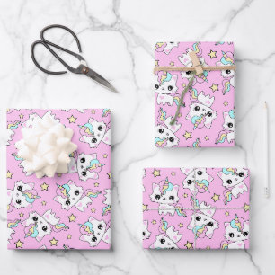 cute little unicorn stars pink background wrapping paper sheet