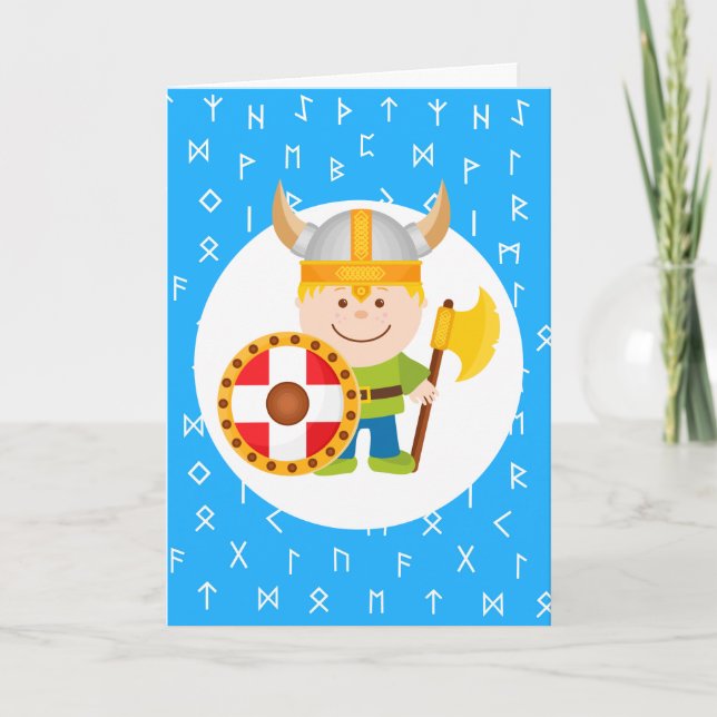 Cute Little Viking on Viking Runes Blue Background Holiday Card (Front)
