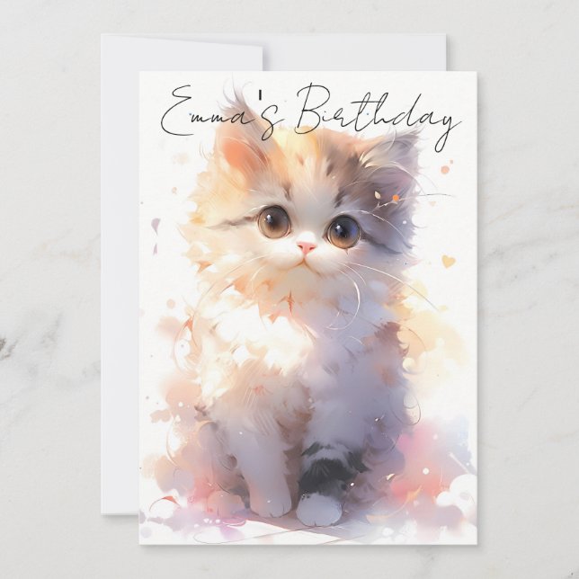 cute little watercolor cat birthday invitation (Front)
