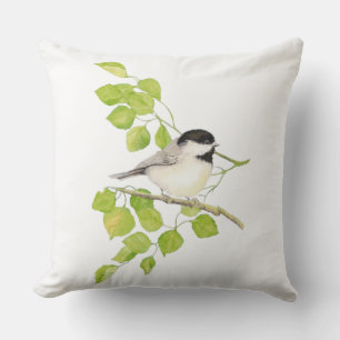 Cute Little Watercolor Chickadee Bird Poplar Tree Outdoor Cushion