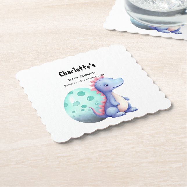 Cute Little Watercolor Dinosaur Baby Shower Paper Coaster (Angled)