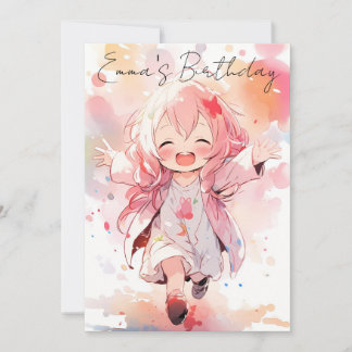 Cute little watercolor girl birthday invitation